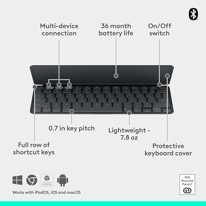 Logitech Keys-to-GO 2 Portable Wireless Keyboard with Built-in Cover, Slim and Compact Bluetooth Keyboard for iPad, iPhone, Mac, and Apple TV, Easily Switch with Devices - Graphite