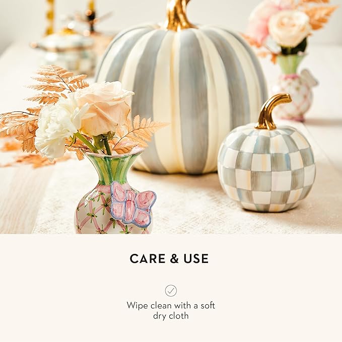 MACKENZIE-CHILDS Small Pumpkin, Resin Halloween Home Decor, Gray-and-White Sterling Check