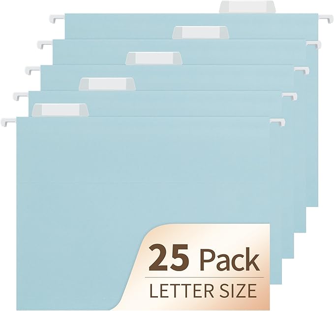 Light Blue Hanging File Folders,25 Pack Letter Size File Folders with 1/5-cut Tabs,Office Essentials for Filing Cabinet & Desk Storage