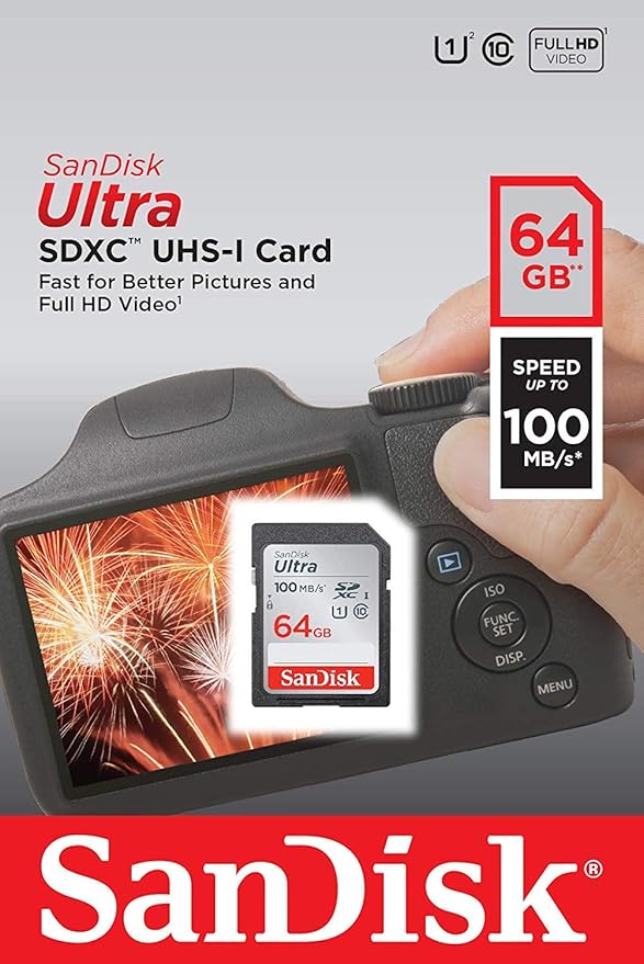 SanDisk 64GB SD Ultra Memory Card SDXC for Sony Cybershot Black/Silver 20.1 MP, DSCW800 Digital Camera (SDSDUNR-064G-GN6IN) Bundle with (1) Everything But Stromboli Memory Card Reader