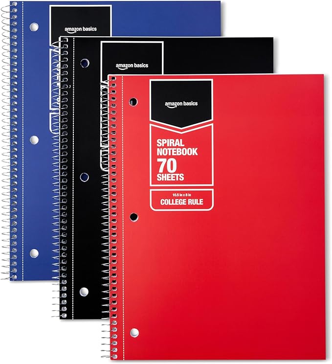 Amazon Basics College Ruled Spiral Notebook, For Work and School, 70 Sheets, 8" x 10.5", Assorted Primary Solid Colors, 3 pack