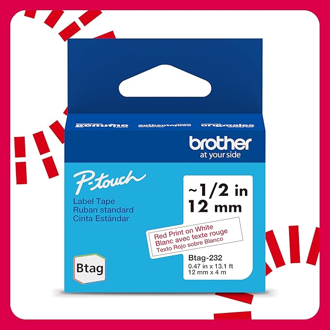 Brother Genuine P-Touch Btag BTAG232 Red on White Label Tape ~1/2in by 13.1ft (12mm x 4m). Use only with Btag PT-N10, PT-N20, PT-N25BT Label Makers