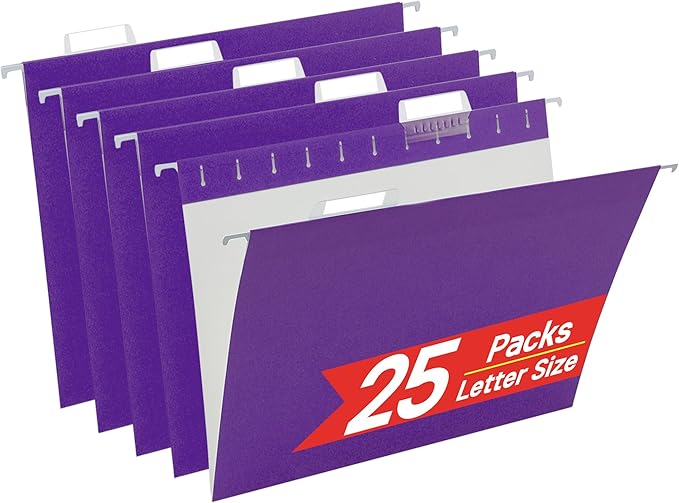Purple Hanging File Folders,25 Packs Letter Size File Folder,Designed for Bulky Files,Filing Cabinet,1/5 Adjustable Tabs for Office,School,Home