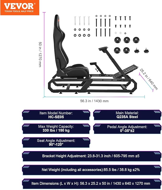 VEVOR Gaming Racing Wheel Stand, Compatible with Logitech G923/G920/G29 & Thrustmaster T248P, Heavy-Duty Adjustable Steering Wheel Stand Cockpit, 330 lbs Capacity, Compact for Sim Racing