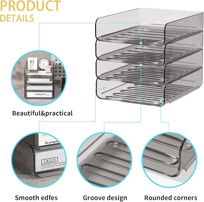 Clear Paper Organizer - Brown Acrylic Stackable Paper Tray for Desk, 4-Tier Letter Tray Organizer with Smooth Edges and Rounded Corners
