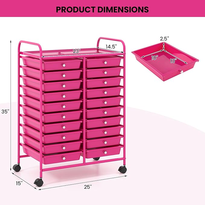 COSTWAY 20-Drawer Rolling Storage Cart, Utility Storage Organizer Cart for Tools, Scrapbook, Paper, Craft, Multipurpose Storage Trolley on Wheels for Home Office School, Hot Pink