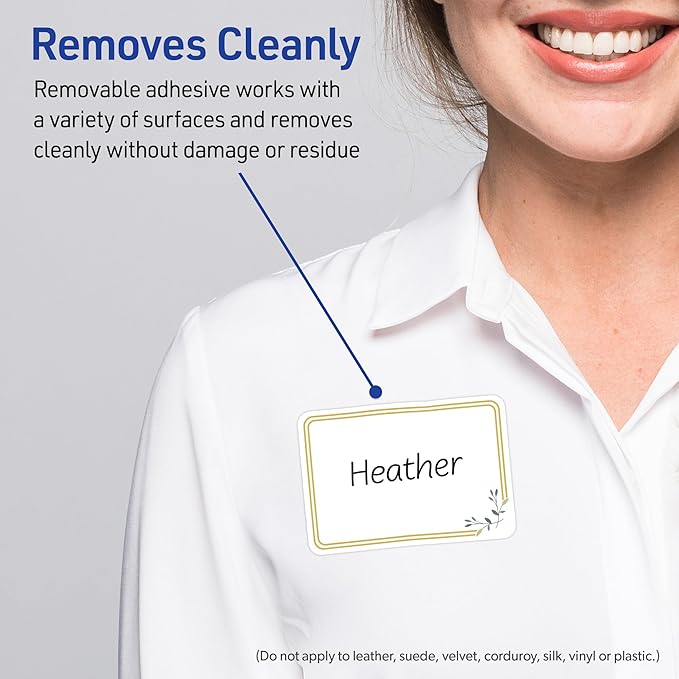 Avery Printable Rectangle Adhesive Name Tags, Double Gold Border Florals Design, 2-1/3" x 3-3/8", Matte White Removable Name Tags, Laser/Inkjet, 80 Total, Great for Name Badges