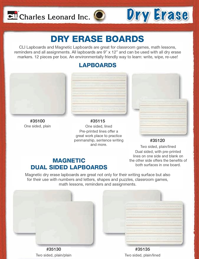 Charles Leonard Dry Erase Lapboard, 9 x 12 Inches, Masonite, One Sided, Plain White, 1 Each (35100) (Pack of 2)