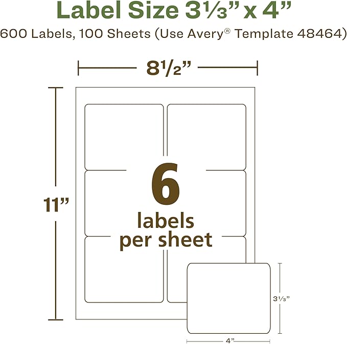 Avery EcoFriendly Recycled Shipping Labels, 3-1/3" x 4", White, Permanent Label Adhesive, 600 Printable Labels (48464)