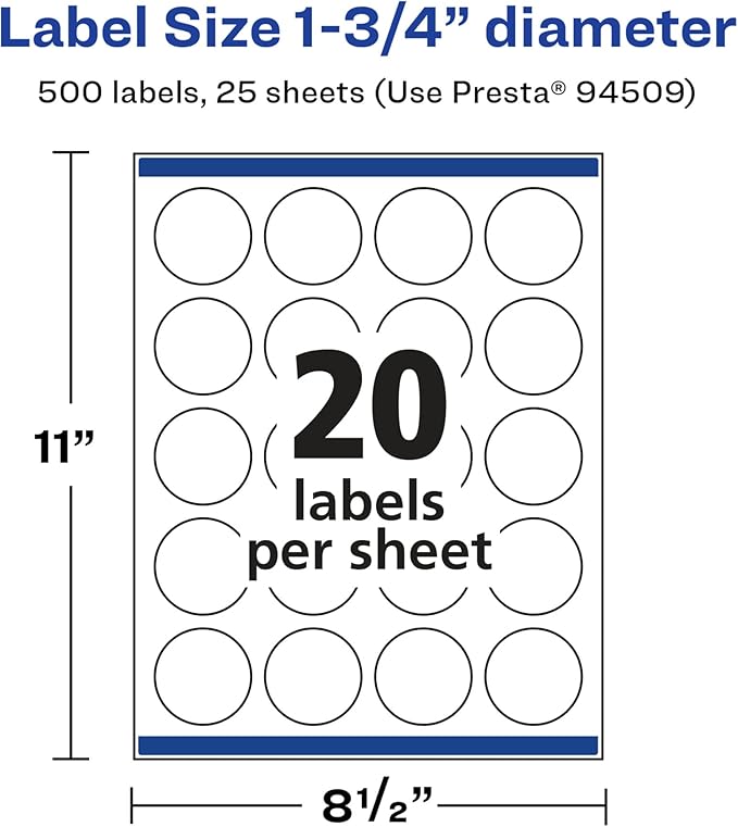 Avery Glossy White Round Labels, Sure Feed Technology, 1.75" Diameter, 500 Glossy White Labels, Print-to-The-Edge, Permanent Adhesive, Laser/Inkjet Printable