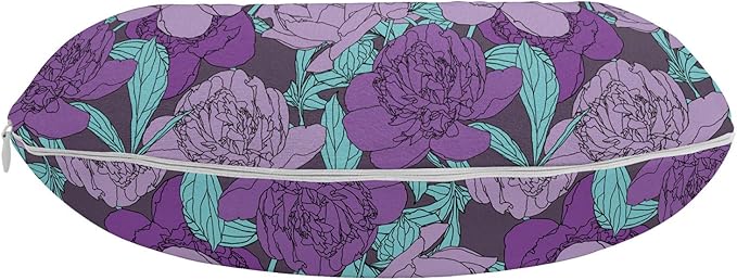 Ambesonne Peony Travel Pillow Neck Rest, Pastel Tone Delicate Peonies with Curled Leaves Vintage Style Tangled Arrangement, Memory Foam Traveling Accessory for Airplane and Car, 12", Purple Teal