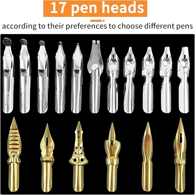 Calligraphy Pens Set - 17 Pieces Stainless Steel Calligraphy Pen Nibs with 1 Piece Nib Holder for Writing Painting Signing