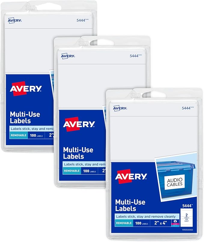 Avery Printable All-Purpose Removable Labels, 2" x 4" White, Write or Print, Great for Organization Projects, 300 Customizable Blank Labels Total (3-Pack of 22283)