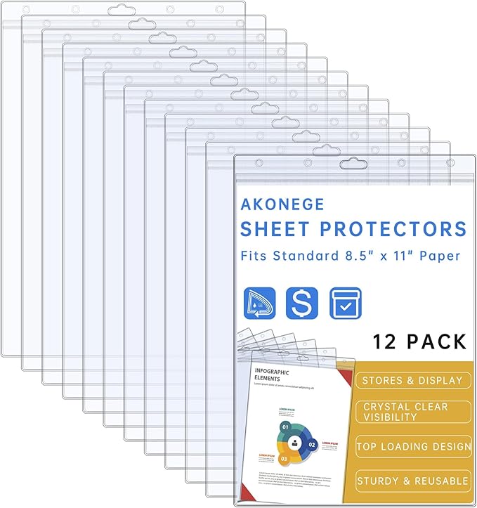 AKONEGE 12PCS Hard Sheet Protectors 8.5 x 11 Waterproof Resealable Zip Paper Page Protectors Clear Rigid Plastic Sleeves for Photos Certificate, Heavy Duty Document Holder Wall Sign Holder, Vertical