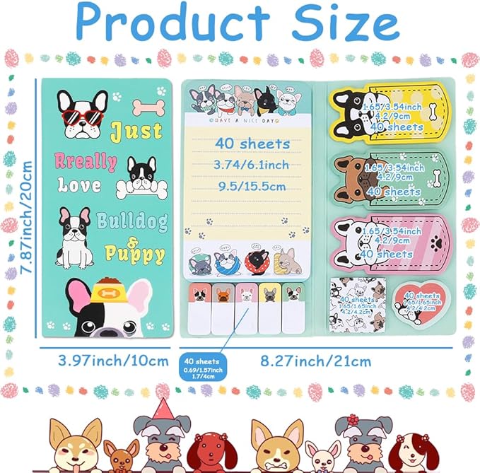 QPIXVB Funny Sticky Notes for Work,Bulldog Sticky Notes Set,440 Sheets,French Bulldog Gifts,Dog Mom Gifts for Women,Dog Stickers,Dogs Themed Writing Memo Pads for Students School Supplies