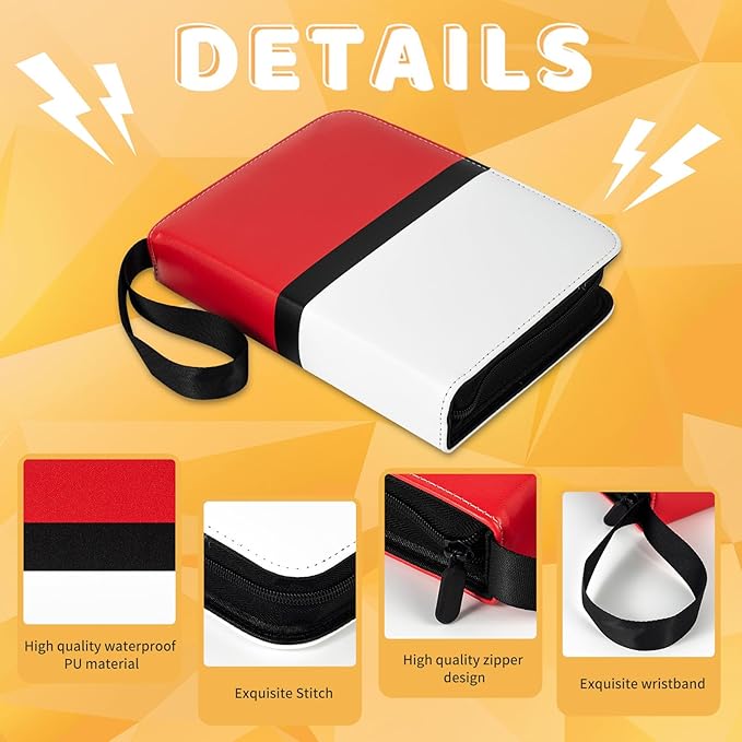 4 Pocket Trading Card Binder,400 Pockets Trading Card Collection Book with Sleevese,3-ring Zipper Sports Card Album with 50 Removable Double-Sided Card Holder for Standard Size Cards(Red)