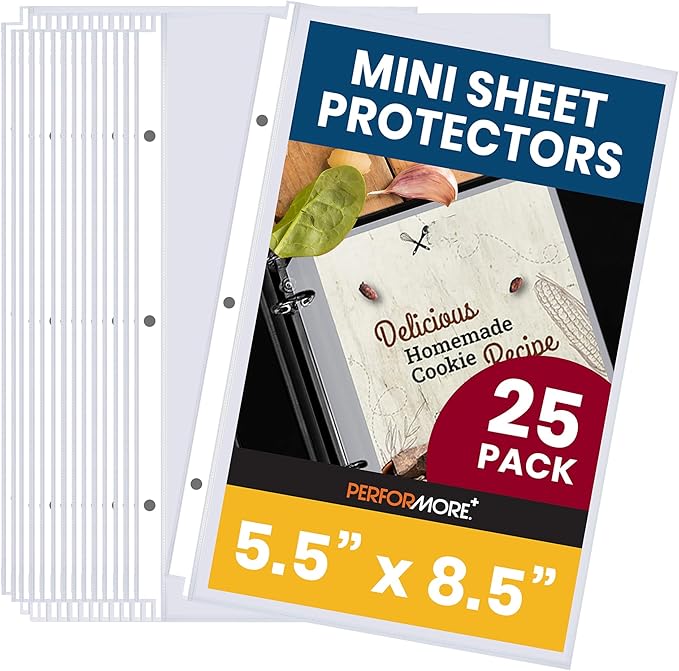 Performore Heavyweight Clear Mini Sheet Protectors Holds 5.5 x 8.5 Inches Sheets, Fits a 3-Ring Binder, Crystal Clear and Acid-Free with Reinforced Holes, Top Loading Paper Protector (25 Pack)