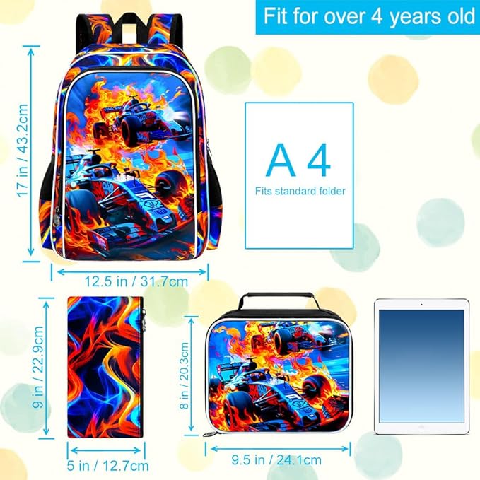 KLFVB 3PCS Boys Backpack, 17" Race Car Bookbag and Lunch Box, Water Resistant Teenagers School Backpacks for Middle Elementary - Flame Race Car