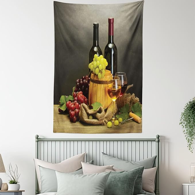 Ambesonne Winery Tapestry, Cask Bottles and Glasses of Wine and Ripe Grapes on Wooden Table Picture Print, Fabric Wall Hanging Decor for Bedroom Living Room Dorm, 30" X 45", Grey Taupe