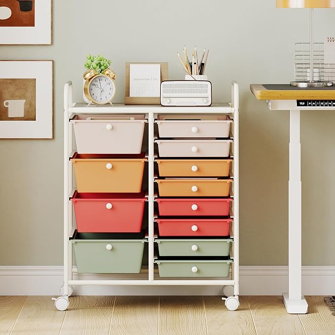 COSTWAY 12 Drawer Rolling Storage Cart, Mobile Utility Cart with Metal Frame, Art Supply Craft Organizer, Multipurpose Storage Organizer for Paper, Office, School Teacher, Classroom, Macaron
