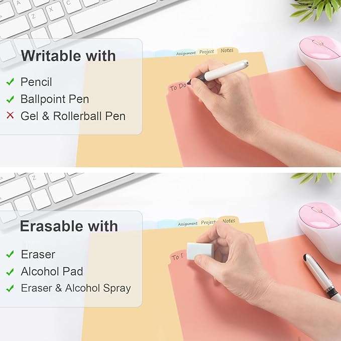 48 Count/6 Sets Write & Erase Binder Dividers with Tabs, Plastic 8 Tab Dividers for 3 Ring Binder Letter Size, Separators for Student School Home Office Document Organizer, Pastel