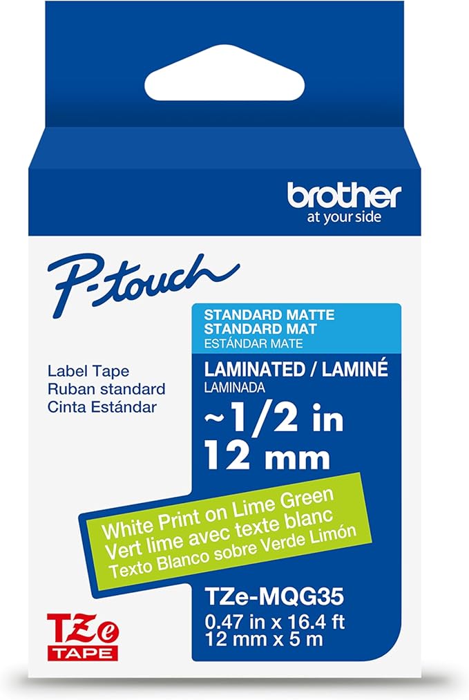Brother Genuine P-Touch TZe White Print on Lime Green Label Tape (TZeMQG35), Laminated,1/2in x 16.4ft (12mm x 5m), for Select P-Touch Label Makers, Durable, Water-Resistant, Indoor/Outdoor Use