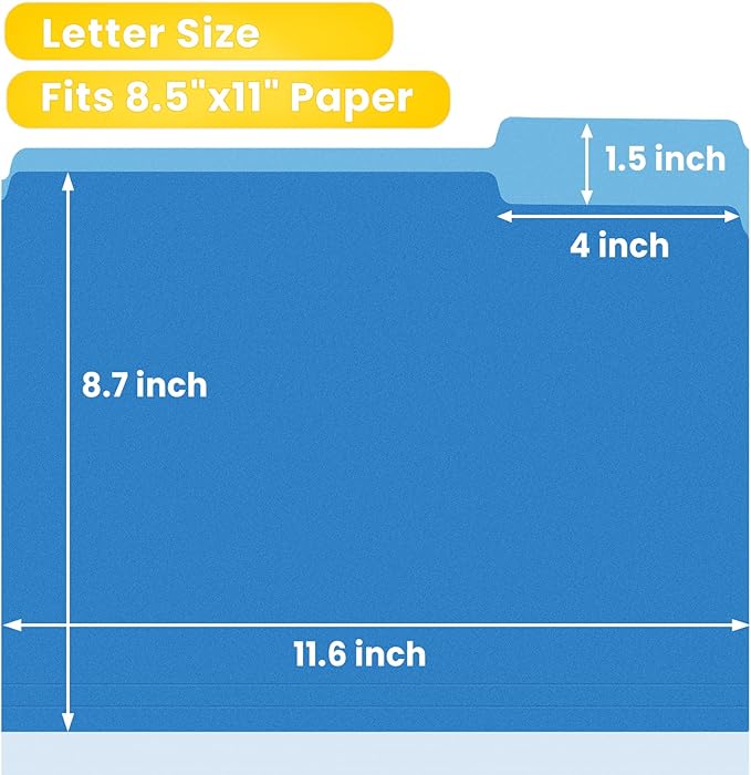 SUNEE File Folders Letter Size Blue, 100 Pack Manilla Folders 8.5 x 11 1/3-Cut Tabs, Colored File Folders Office Home School for Documents Files Paper