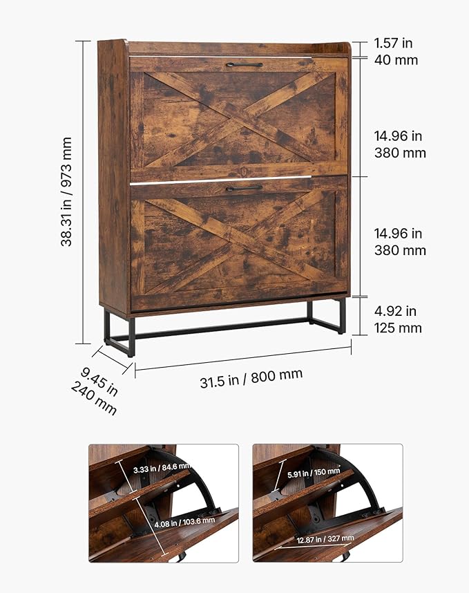 VEVOR Shoe Cabinet with 2 Flip Drawers, Farmhouse Shoes Storage Cabinet with Metal Legs and Anti-Tipping Device, Freestanding Shoe Organizer Ideal for Entryway, Hallway, Bedroom, Living Room, Brown