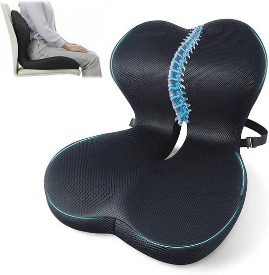 Memory Foam Seat Cushion,Office Chair Cushion with Lumbar Support for Back Pressure Relief,Sciatica,Non Slip Car Seat Cushion with Strap,Pad Orthopedic Cushions for Car,Truck,Desk (D-Black+Mesh Cloth)