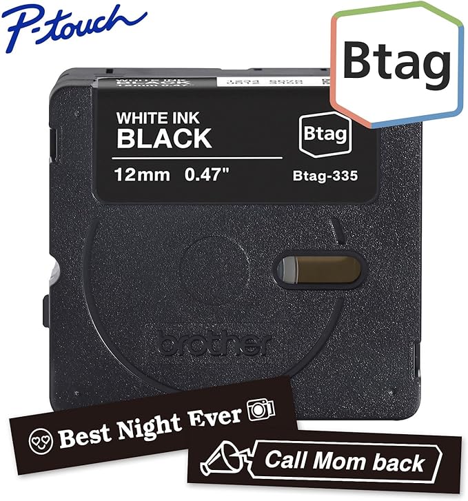 Brother Genuine P-Touch Btag BTAG335 White on Black Label Tape ~1/2in by 13.1ft (12mm x 4m). (Works Only with Brother PT-N10, PT-N20, PT-N25BT Label Makers)