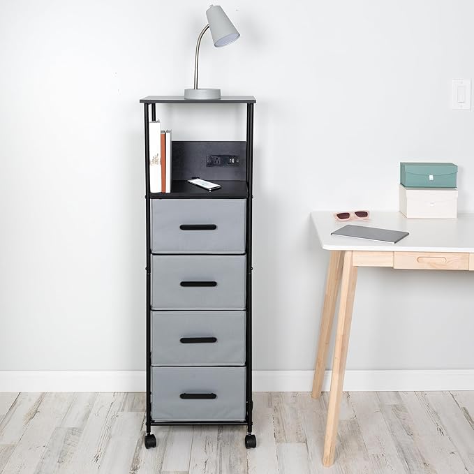 Honey-Can-Do Rolling Cart with 4 Drawers, Fabric Small Dresser Organizer Vertical Storage with Charging Station (USB and USB-C), Nightstand Side Table for Dorm Room, Bedroom, Black and Gray