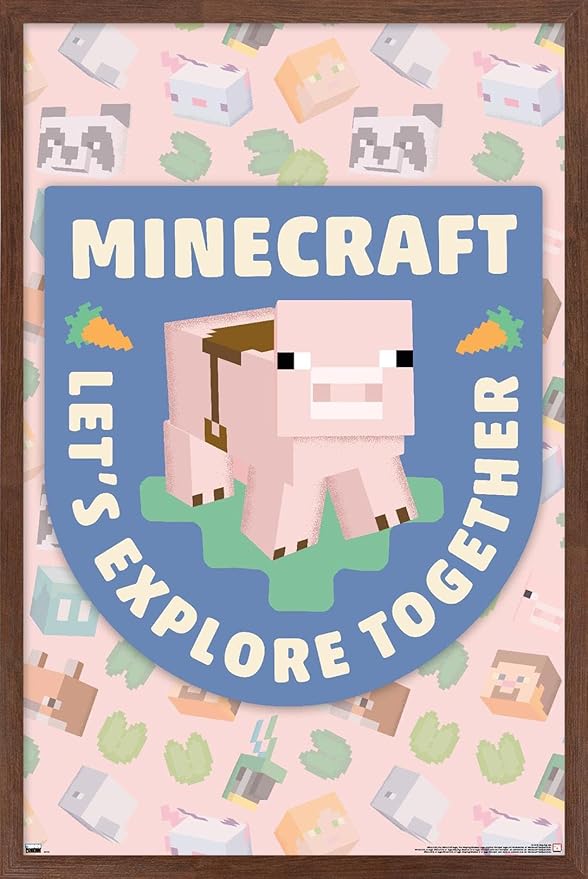 Trends International Minecraft - Let's Explore Together Wall Poster, 34L x 22.4W, Mahogany Framed Version