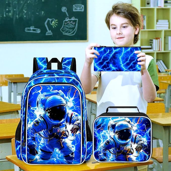 KLFVB 3PCS Lightning Bookbag for Boys, 17" Astronaut Backpack and Lunch Box, Water Resistant Teenagers School Backpacks for Middle Elementary - Lightning Space Adventure