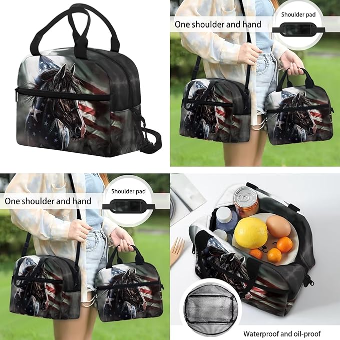 American Flag Kids Backpack Set of 3, Horse School Backpacks for Boys Elementary Middle High School with Insulated Lunch Bag Kawaii Cute Pencil Case, Black
