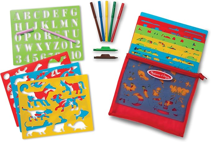 Melissa & Doug Created by Me! Stencil Art Coloring Activity Kit in Storage Pouch - 170+ Designs, 6 Markers, 2 Crayons, Paper - FSC-Certified Materials