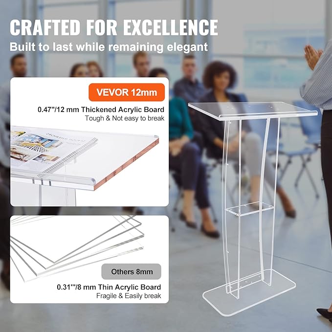 VEVOR Acrylic Podium, 47" Clear Acrylic Podium Stand with Wide Reading Surface & Storage Shelf, Floor-Standing Clear Pulpits Acrylic for Church Office School