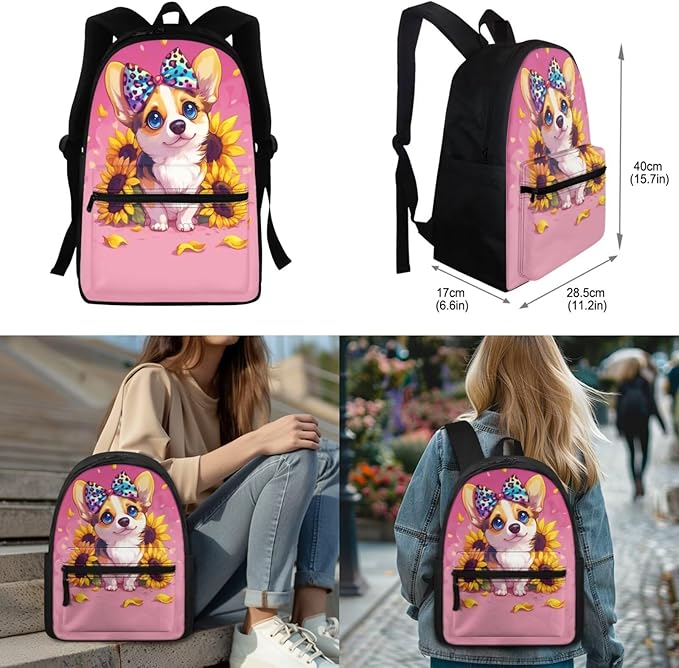 Corgi Dog Backpack for School Girls Boys 4-6 6-8 10-12 Kids School Bag Set with Lunch Bag Pencil Case Water Bottle Sleeve Elementary Preschool Kindergarten School Bookbag