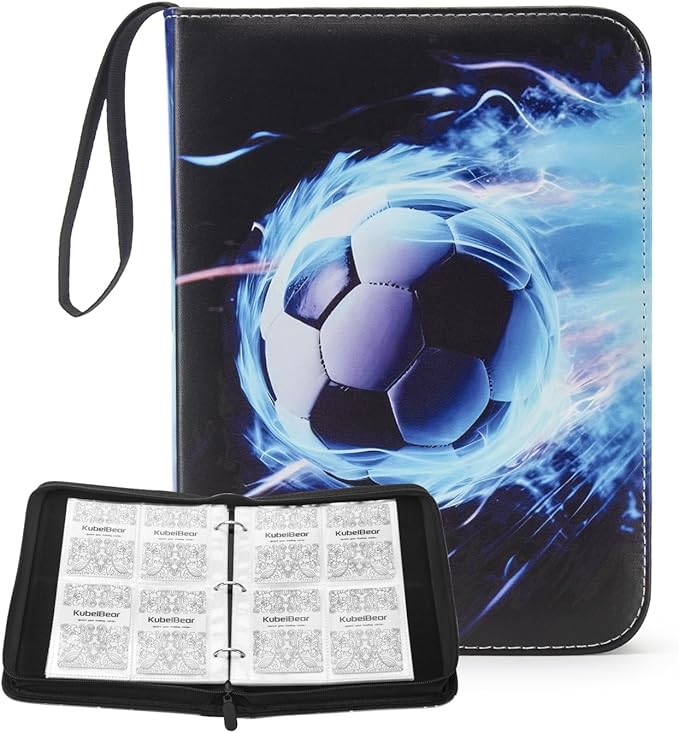 Card Binder – 400 Capacity, Zippered Trading Card Holder for MTG, Sports & Collectible Cards – Acid-Free, Durable & Travel-Friendly Storage (Blue Football, 4 Pocket)
