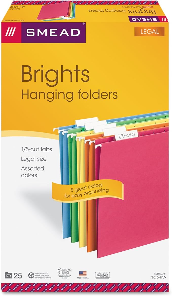 Smead Hanging File Folder with Tab, 1/5-Cut Adjustable, Legal Size, Assorted Primary Colors, 25 per Box (64159) (Pack of 1)