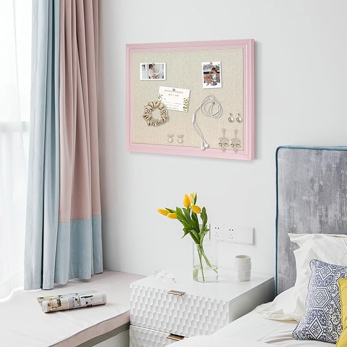 Large Cork Board with Linen, 24" x 18" Hanging Pink Wood Framed Bulletin Board, Picture Display Vision Board Corkboards for Wall Room School Office Decor, 10 Pushpins, 1 Pack