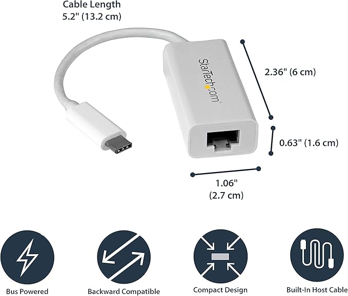 StarTech.com USB-C to Gigabit Ethernet Adapter - White - Thunderbolt 3 / 4 Compatible - Windows & Mac - RJ45 LAN Network Converter (US1GC30W)