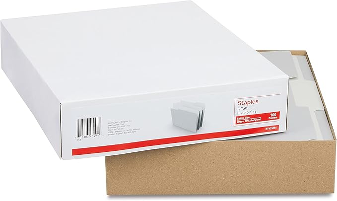 Staples Colored File Folders, Letter Size, 3‑Tab Top‑Tab Design, Gray, Durable Paper Stock, 100/Pack