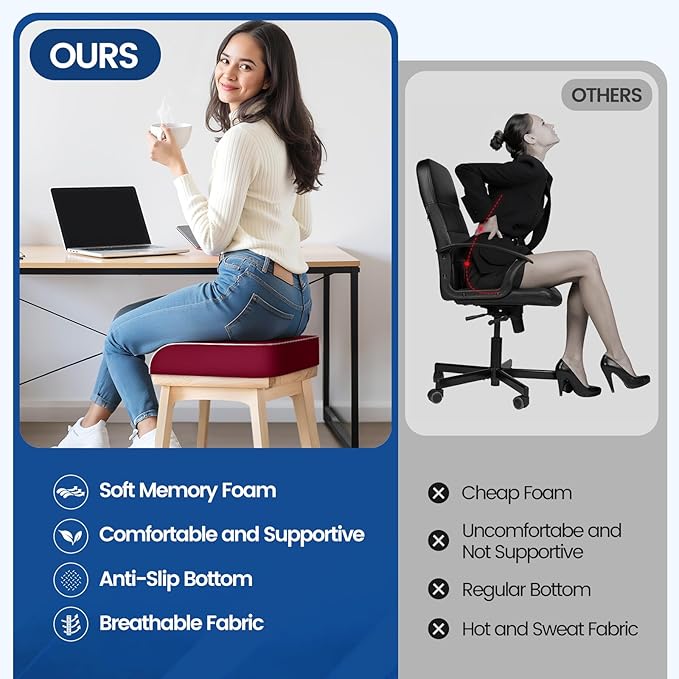 Seat Cushion for Tailbone Pain Relief, Office Chair Cushion, Memory Foam Large Chair Cushion with Non-Slip Cover for Soft Support at Office Chair, Car Seat, Airplane Red/Large