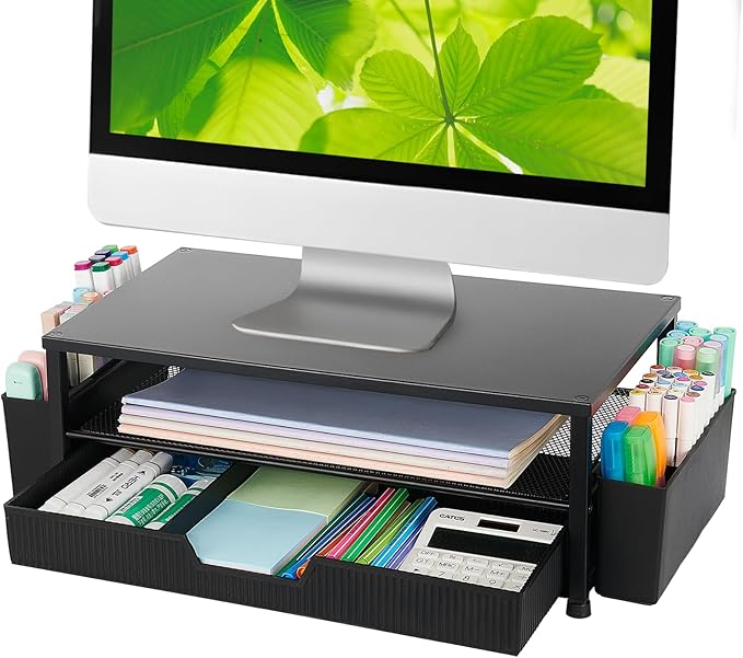 Desk Organizer and Accessories, 2-Tier Computer Monitor Stand Rise with Storage Drawer & 2 Pen Holders, Laptop & Printer Stand for Desktop, Workspace Organizers for Office Supplies (Black)