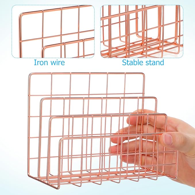 File Holder for Desk: No Wobbling 3 Slots Magazine Holder Office Desktop File Sorter Organizer for Folders Binders, Rose Gold