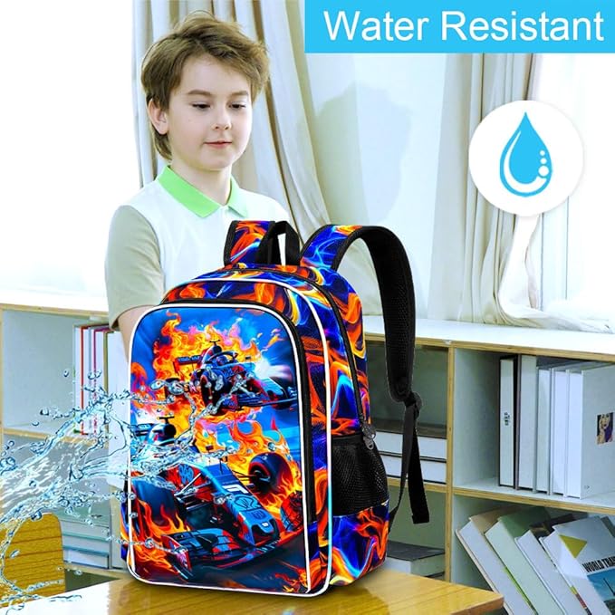 KLFVB 3PCS Boys Backpack, 17" Race Car Bookbag and Lunch Box, Water Resistant Teenagers School Backpacks for Middle Elementary - Flame Race Car
