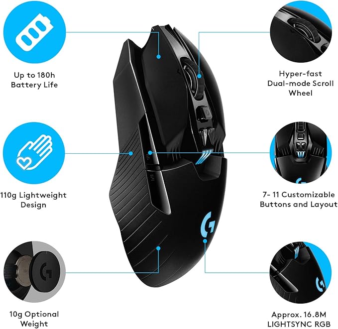 Logitech G903 Lightspeed Wireless Gaming Mouse w/Hero 25K Sensor, 140+ Hour with Rechargeable Battery and LIGHTSYNC RGB. POWERPLAY Compatible, Ambidextrous, 107g+10g Optional, 25,600 DPI - Black