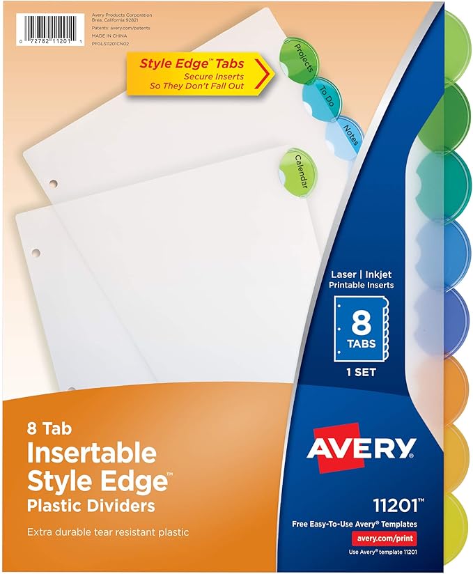 Avery Insertable Style Edge Plastic Dividers for 3 Ring Binders, 8-Tab Set, Multicolor, 1 Set (11201)