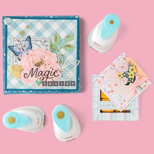 We R Makers Hinge Punch Set, Paper Punch for Crafting, Create Custom Hinges for Cards, Shadow Boxes, Scrapbooking Punches, Circle Paper Punch, Mini Hole Punch, 3 Decorative Shapes, Mint and White