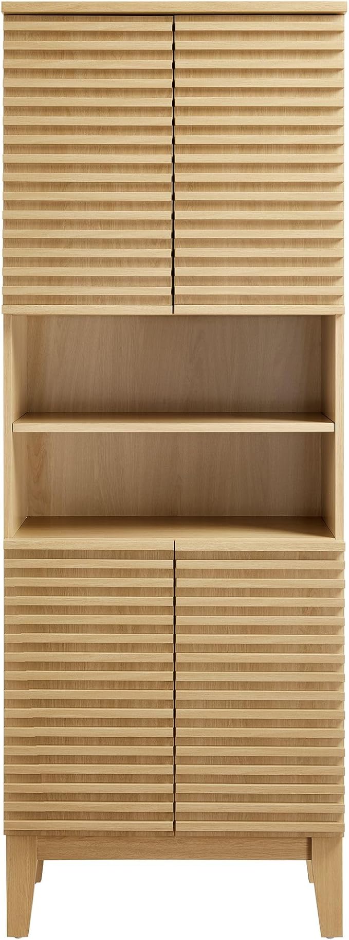 Modway Render Tall Bathroom Storage Tower in Oak - 63” Freestanding Linen Cabinet with Open Shelves and 4 Soft-Close Doors - Towel and Makeup Organizer